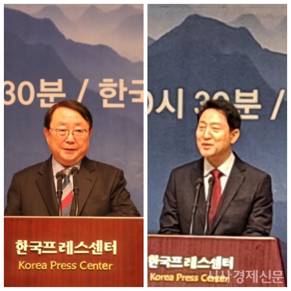 범사련 이갑산 회장(좌측)과 오세훈 서울시장이 인사말을 하고 있다. 사진=이재영 기자