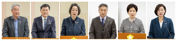 좌측부터 김철수(더불어민주당)·김철수(국민의힘)·양명희·김영곤·노경숙·김미주 의원이 상임위원회에서 발언을 하고 있다. 사진=구로구의회